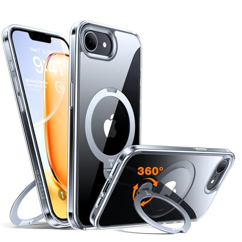 TORRAS 360° Ostand Spin für iPhone 16e Hülle für MagSafe (Magnetischer Robust Standring) Zertifizierte Militärschutz für Handyhülle iPhone 16e Case Schlank Transparent von TORRAS