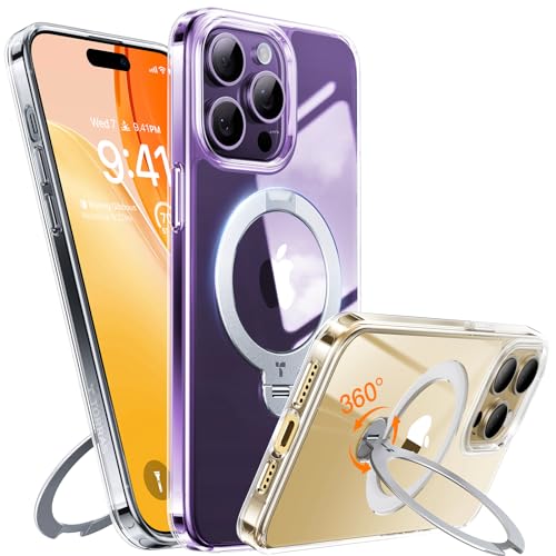 TORRAS 360° Ostand Spin für iPhone 14 Pro Hülle (Magnetischer Robust Ständer) Zertifizierte Militärschutz, MagSafe Kompatibel, Stabil für Video/Office Diamant-Klar Anti-Vergilbung Transparent von TORRAS