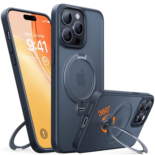 TORRAS 360° Ostand Spin für iPhone 14 Pro Hülle (Magnetischer Robust Ständer) Zertifizierte Militärschutz, MagSafe Kompatibel, Stabil für Video/Office Matt Rückseite Handyhülle Schlank Schwarz von TORRAS