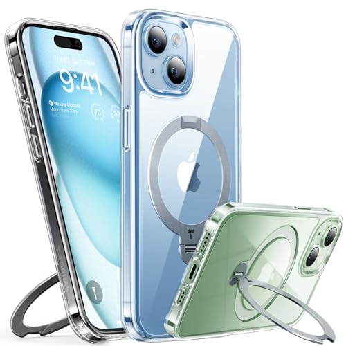 TORRAS 360° Ostand Spin für iPhone 15 Hülle (Magnetischer Robust Ständer) Zertifizierte Militärschutz, MagSafe Kompatibel, Stabil für Video/Office Diamant-Klar Anti-Vergilbung Transparent von TORRAS