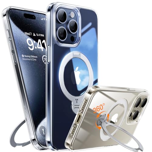 TORRAS 360° Ostand Spin für iPhone 15 Pro Max Hülle (Magnetischer Robust Ständer) Zertifizierte Militärschutz, MagSafe Kompatibel, Stabil für Video/Office Diamant-Klar Anti-Vergilbung Transparent von TORRAS