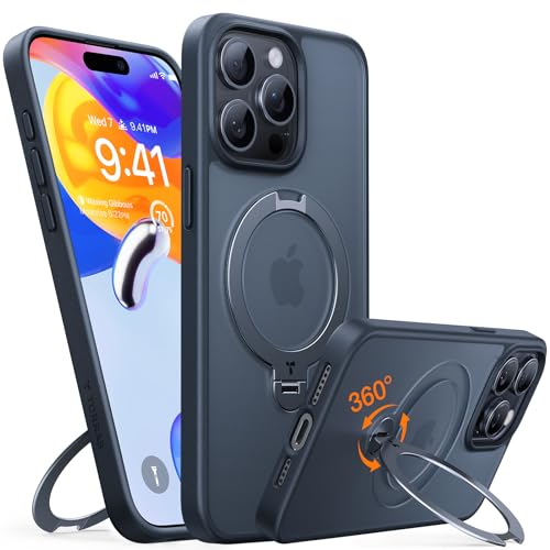 TORRAS 360° Ostand Spin für iPhone 15 Pro Max Hülle (Magnetischer Robust Ständer) Zertifizierte Militärschutz, MagSafe Kompatibel, Stabil für Video/Office Matt Rückseite Handyhülle Schlank Schwarz von TORRAS