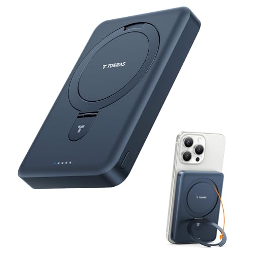TORRAS 10000mAh Magnetische Power Bank mit Magsafe Schnellladung und O Ständer, Portable Battery Charger 22.5W PD Wireless Schnell PowerBank, für iPhone 16 Pro Max, Pro,15,14,13,12, Schwarz von TORRAS