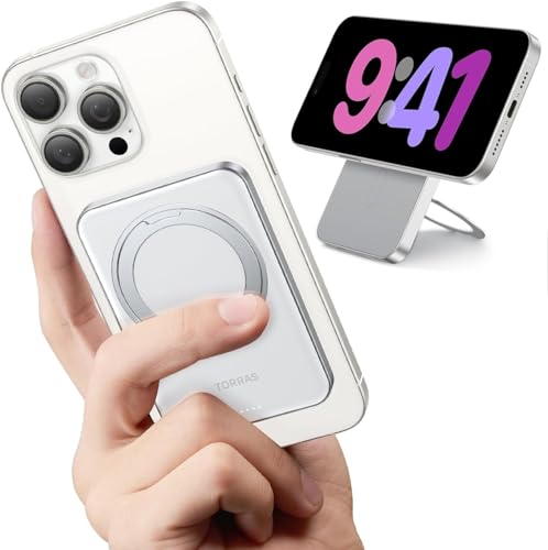TORRAS Dünn Power Bank für Magsafe Powerbank Klein 5000mAh mit 360° Ostand Ring für iPhone 16/15/14/13/12 Serie Magnetische Wireless Slim Externe Handyakkus USB C Schnelles Laden Weiß von TORRAS