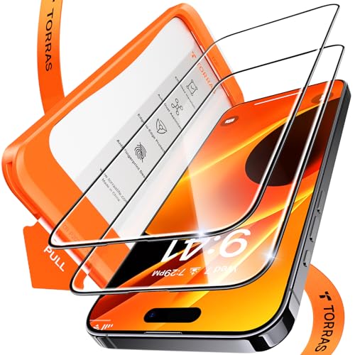 TORRAS Zertifizierung auf Full Screen für iPhone 15 Pro für Panzerglas TOP Bruchsicherheit Schutzglas iPhone 15 Pro Schutzfolie 9H+ Glas [Auto-Installation] Anti-Fingerabdruck, 2 Stück von TORRAS