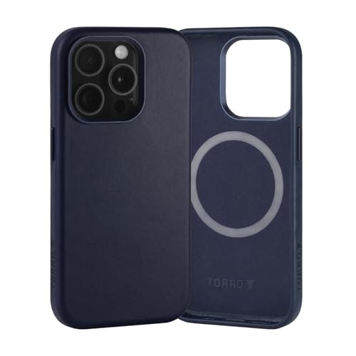TORRO Hülle Leder Kompatibel mit iPhone 15 Pro – Echt lederhülle Schlanke Bumper Hülle kompatible mit MagSafe (Marineblau) von TORRO