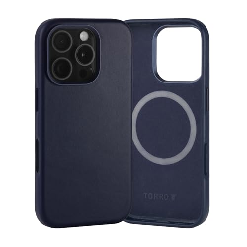 TORRO Hülle Leder Kompatibel mit iPhone 16 Pro – Echt Leder Hülle MagSafe-Ladung-kompatible Schlanke Bumper Hülle (Marineblau) von TORRO