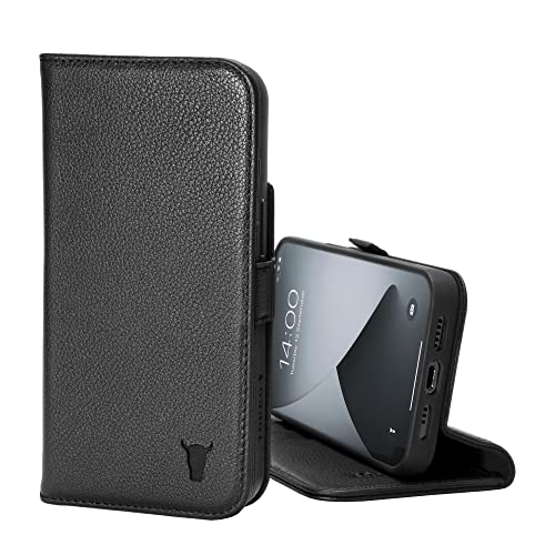 TORRO Hülle kompatibel mit iPhone 13 Pro Max - Echte Lederhülle mit Kartenfächern und horizontaler Standfunktion (Schwarz) von TORRO