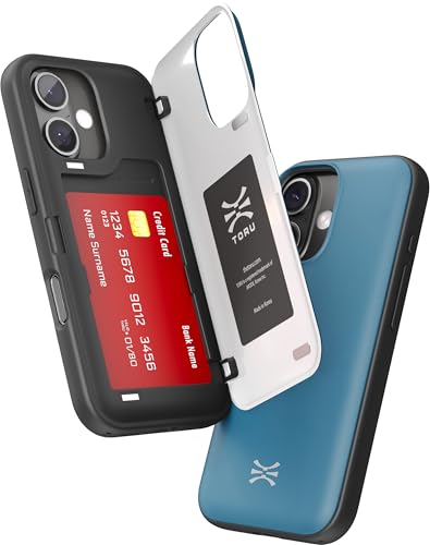 TORU CX HYBRID für iPhone 16 Wallet Case | Doppellagige, schlanke Schutzhülle mit verstecktem Halter für 2 Kreditkartenfächer - Blau von TORU