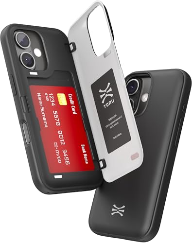 TORU CX HYBRID für iPhone 16 Wallet Case | Doppellagige, schlanke Schutzhülle mit verstecktem Halter für 2 Kreditkartenfächer - Schwarz von TORU