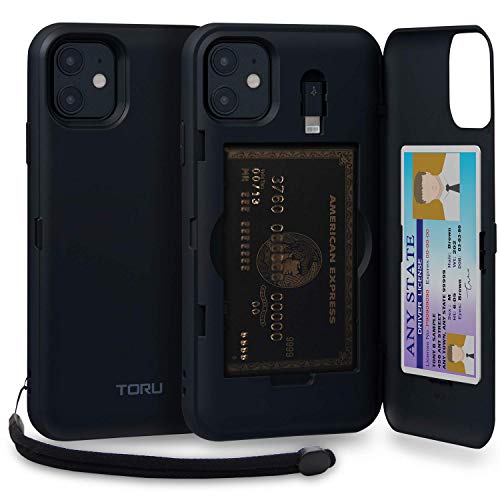 TORU CX PRO für iPhone 11 Hülle Brieftasche mit Kartenfach - Schutzhülle mit Kreditkarten Fach, Lightning-Adapter, Handschlaufe und Spiegel - Schwarz von TORU