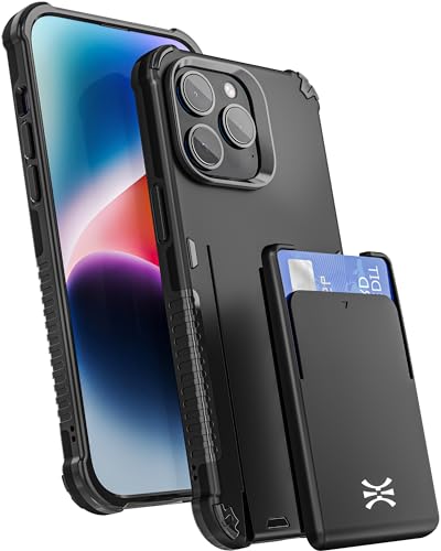 TORU CX PRO Wallet-Hülle für iPhone 14 Pro Max mit abnehmbarem, verschiebbarem Kartenhalter für 3 Karten und Handschlaufe | Schutzhülle mit Doppelschicht und kabelloser Ladefunktion - Schwarz von TORU