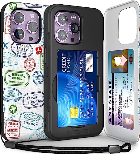 TORU CX SLIM für iPhone 14 Pro Hülle Wallet | Schützende, stoßfeste, robuste Hülle mit verstecktem Kartenhalter und Kartensteckplatz | Spiegel und Handschlaufe im Lieferumfang enthalten - Reisestempel von TORU