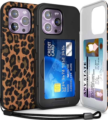 TORU CX Slim Schutzhülle für iPhone 14 Pro Max Schützende stoßfeste robuste Hülle mit verstecktem Kartenhalter und Kartenfach Spiegel Handschlaufe im Lieferumfang enthalten – Leopard 1114PMTCXS-LP von TORU