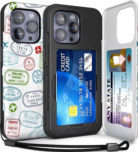 TORU CX Slim Schutzhülle für iPhone 15 Pro Max | Schützende, stoßfeste, robuste Hülle mit verstecktem Kartenhalter und Kartenfach | Spiegel und Handschlaufe im Lieferumfang enthalten – Reisestempel von TORU