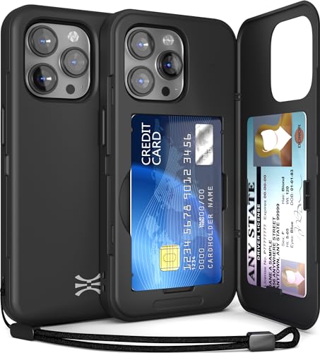 TORU CX Slim Schutzhülle für iPhone 15 Pro Max | Schützende, stoßfeste, robuste Hülle mit verstecktem Kartenhalter und Kartenfach | Spiegel und Handschlaufe im Lieferumfang enthalten – Schwarz von TORU