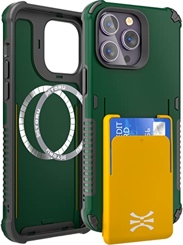 TORU MX PRO für iPhone 14 Pro Hülle Brieftasche mit Kartenfach, Versteckte Magnete Kompatibel mit MagSafe - Schutzhülle mit Abnehmbarer Kartenhalter und Handschlaufe - Grün von TORU