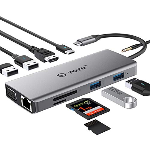 USB C Hub, TOTU 11-in-1 Typ C Hub mit Ethernet, HDMI, VGA, 2 USB 3.0, 2 USB 2.0, SD/TF Kartenleser, Mic/Audio, 100W Pd 3.0 für MacBook Pro/Air und andere Typ-C Laptops, TT-HB002D, Silber von TOTU