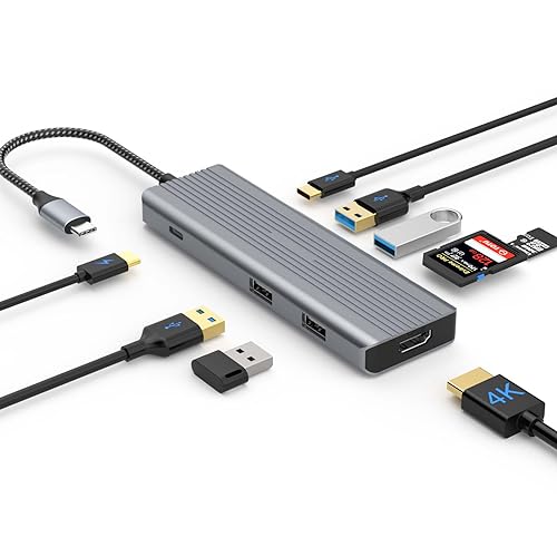 USB-Hub, TOTU 9-in-1 USB-C-Dockingstation für Typ-C-Laptops (4K HDMI, 2 x USB 3.0 Typ-A, USB-C-Datenübertragungsanschluss, 2 x USB 2.0 Typ-A, SD/TF, USB C PD) von TOTU
