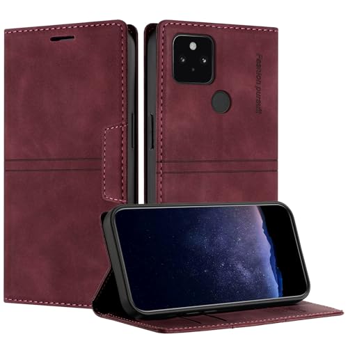 TOUCASA Handyhülle für Google Pixel 5, PU Leder Brieftasche Flip Stoßfest Hülle, mit [Kartenfächer] [Magnetverschluss] [Ständer] Kompatibel mit Google 5 (Weinrot) von TOUCASA
