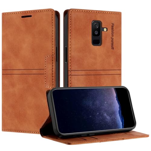 TOUCASA Handyhülle für Samsung Galaxy A6 Plus, PU Leder Brieftasche Flip Stoßfest Hülle, mit [Kartenfächer] [Magnetverschluss] [Ständer] Kompatibel mit Samsung A6 Plus (Braun) von TOUCASA