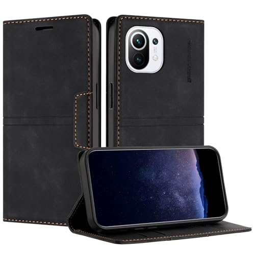 TOUCASA Handyhülle für Xiaomi Mi 11 Lite 5G, PU Leder Brieftasche Flip Stoßfest Hülle, mit [Kartenfächer] [Magnetverschluss] [Ständer] Kompatibel mit Mi 11 Lite 5G (Schwarz) von TOUCASA