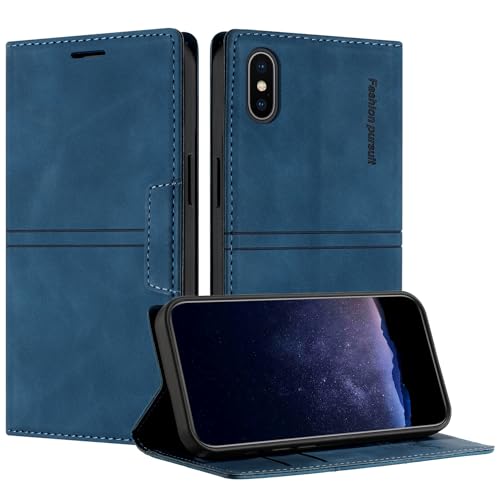 TOUCASA Handyhülle für iPhone XS/iPhone X (5,8 Zoll), PU Leder Brieftasche Flip Stoßfest Hülle, mit [Kartenfächer] [Magnetverschluss] [Ständer] Kompatibel mit iPhone XS (Blau) von TOUCASA