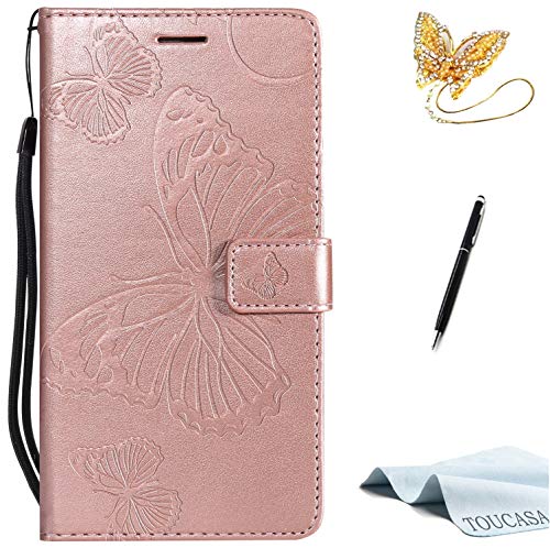 TOUCASA Huawei P10 Lite Handyhülle,Huawei P10 Lite Hülle, Brieftasche flip PU Leder ledercaseHülle Kartenfächer [3D Butterfly] [3D Schmetterling] Embossed Technology für Huawei P10 Lite-（Roségold） von TOUCASA