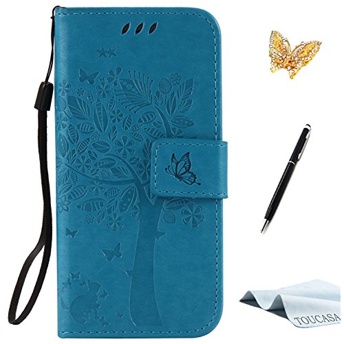 iPhone 6/6S Hülle,TOUCASA Lederhülle Handyhülle Flip Tasche Case Niedlich Katzen und Bäume Muster Stand-Funktion Kredit und Tasche Case iPhone 6/6S + 1 x Eingabestift + 1 x Glitzer Staub Stecker,Blau von TOUCASA