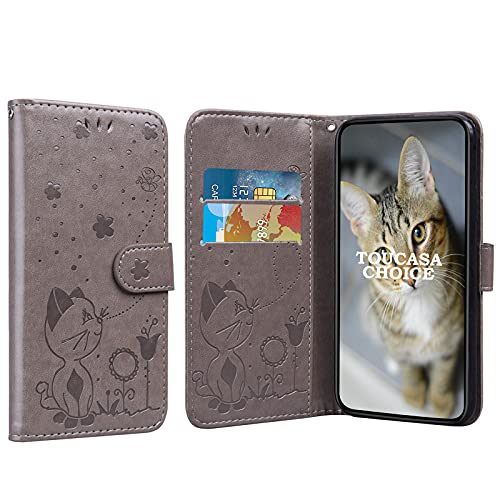 TOUCASACHOICE Kompatibel mit Huawei Honor X10 Hülle, [Katzen und Bienenserie] PU Leder Ledercase Flip Magnetisch Tasche Wallet Tasche Handytasche Cover Etui Case (Grau) von TOUCASACHOICE