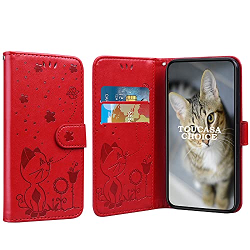 TOUCASACHOICE Kompatibel mit LG G7 / G7 ThinQ Hülle, [Katzen und Bienenserie] PU Leder Ledercase Flip Magnetisch Tasche Wallet Tasche Handytasche Cover Etui Case (Rot) von TOUCASACHOICE