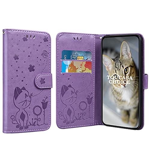 TOUCASACHOICE Kompatibel mit Sony Xperia Z5 Hülle, [Katzen und Bienenserie] PU Leder Ledercase Flip Magnetisch Tasche Wallet Tasche Handytasche Cover Etui Case (Lila) von TOUCASACHOICE
