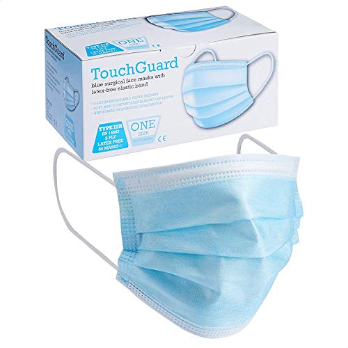 Touchguard Einweg-Gesichtsmasken, 3 Lagen, Typ IIR, atmungsaktiv, Staubschutz, mit Ohrbändern und Nasenbügel, Packung mit 50 Stück von TOUCHGUARD