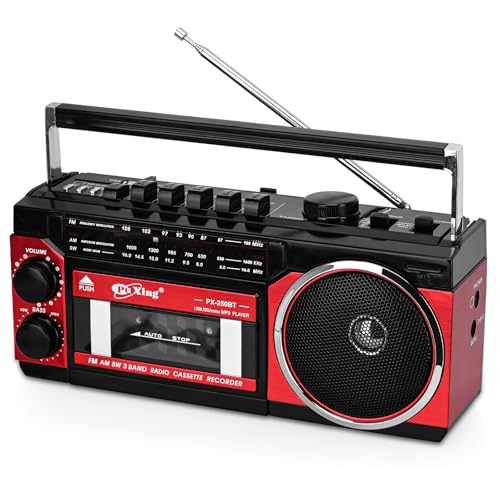 Tragbarer Kassetten-Player, Boombox, tragbar, Vintage Tape Player, unterstützt SD/MMC/USB/Bandwiedergabe, AM/FM/SW Radio, HiFi-Audioqualität, integrierter Lautsprecher (Rot) von TOWEAR