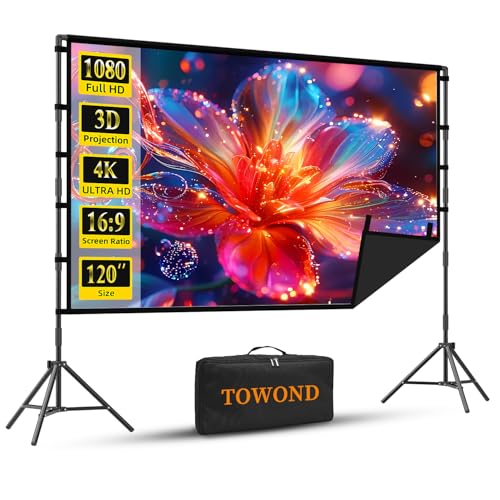 TOWOND Outdoor-Projektor-Leinwand mit Ständer, 120 Zoll (304,8 cm), tragbare Projektor-Leinwand mit schwarzer Rückseite, Innenprojektionsleinwand 16:9, 4K-HD, faltenfreie Filmleinwand mit Tragetasche von TOWOND