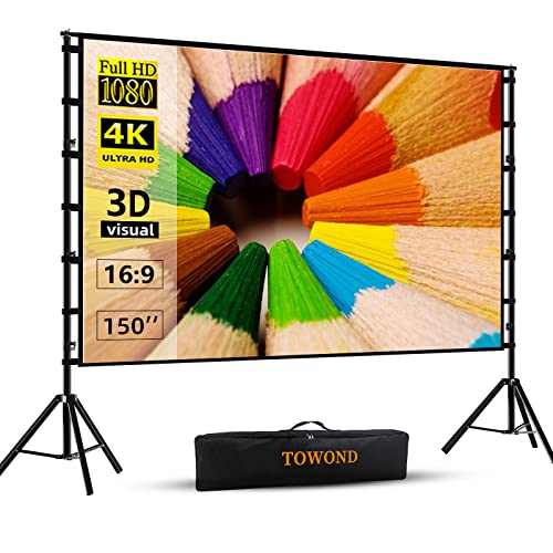 Towond Projektor-Leinwand und Ständer, 381 cm (150 Zoll) Projektionsleinwand für drinnen und draußen, tragbare 16:9 4K HD Filmleinwand mit Tragetasche, faltenfreies Design für Heimkino, Hinterhofkino von TOWOND