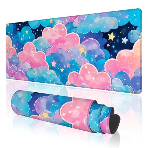 TOXXU Pink Cloud Großes Gaming-Mauspad mit rutschfester Unterseite für Tastatur und Maus, Kawaii bunte Wolken, erweitertes XL-Mauspad für Mädchen, niedliche Schreibtischunterlage mit genähten Kanten von TOXXU