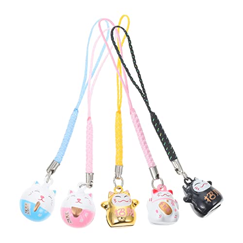 TOYANDONA Japanischer Maneki Neko Glückskatze Handyanhänger Kupfer Winkekatze Schellen Glöckchen Handyschmuck für DIY Schlüsselanhänger Auto Tasche Geldbörse Rucksack Glücksanhänger Deko 5 Stück von TOYANDONA