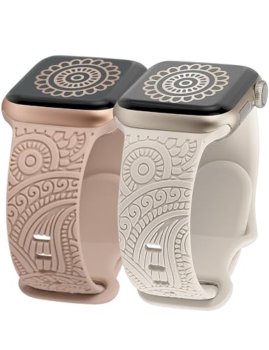 TOYOUTHS 2 Stück Floral Gravierte Armband Kompatibel mit Apple Watch Armband 41mm 40mm 38mm, Frauen Männer Henna Blumen Silikon Sport Armbänder für iWatch Serie 9/8/7/SE/6/5/4/3/2/1 von TOYOUTHS