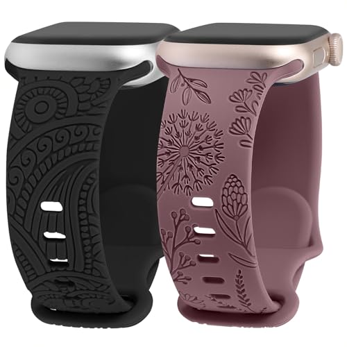 TOYOUTHS 2 Stück Floral Gravierte Armband Kompatibel mit Apple Watch Armband 41mm 40mm 38mm Damen, Henna Löwenzahn Blume Silikon Armbänder für iWatch 9/8/7/SE/6/5/4/3/2/1, Schwarz/Rauch Violett von TOYOUTHS