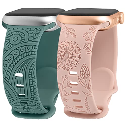 TOYOUTHS 2 Stück Floral Gravierte Armband Kompatibel mit Apple Watch Armband 41mm 40mm 38mm Damen, Henna Löwenzahn Blume Silikon Armband für iWatch Serie 9/8/7/SE/6/5/4/3/2/1, Grün/Rosa von TOYOUTHS