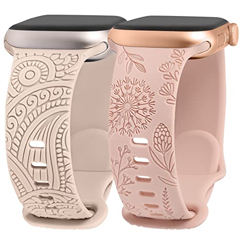 TOYOUTHS 2 Stück Floral Gravierte Armband Kompatibel mit Apple Watch Armband 41mm 40mm 38mm Damen, Henna Löwenzahn Blume Silikon Sportarmband für iWatch Serie 9/8/7/SE/6/5/4/3/2/1, Polarstern/Pink von TOYOUTHS