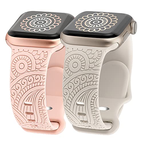 TOYOUTHS 2 Stück Floral Gravierte Armband Kompatibel mit Apple Watch Armband 49mm 45mm 44mm 42mm, Damen Blume Silikon Sport Ersatzarmbänder für iWatch Serie Ultra 2/9/8/7/SE/6/5/4/3/2/1/Ultra von TOYOUTHS