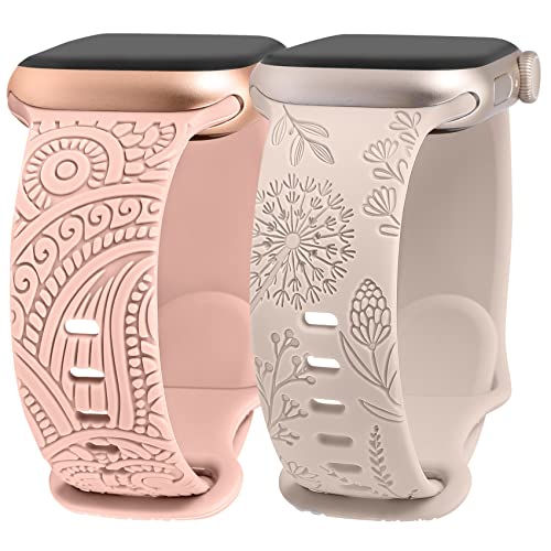 TOYOUTHS 2 Stück Floral Gravierte Armband Kompatibel mit Apple Watch Armband 49mm 45mm 44mm 42mm Damen, Blume Silikon Sportarmband für iWatch Ultra 2/Ultra/9/8/7/SE/6/5/4/3/2/1, Rosa/Polarstern von TOYOUTHS