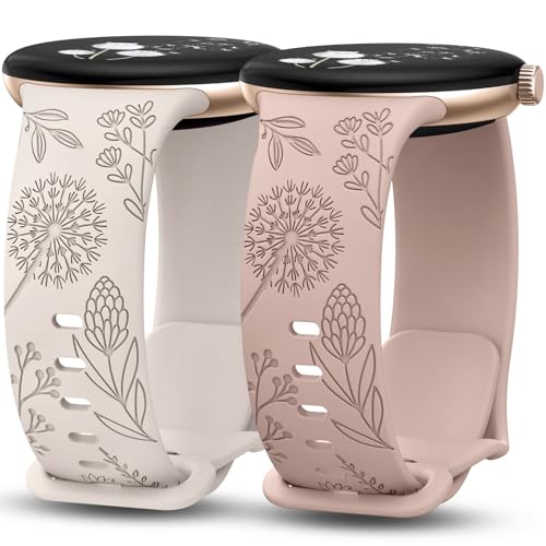 TOYOUTHS 2 Stück Floral Gravierte Armband Kompatibel Mit Google Pixel Watch 3 41mm/2/1, Weich Silikon Löwenzahn Blume Sport Armband für Damen, Polarstern/Milchtee von TOYOUTHS
