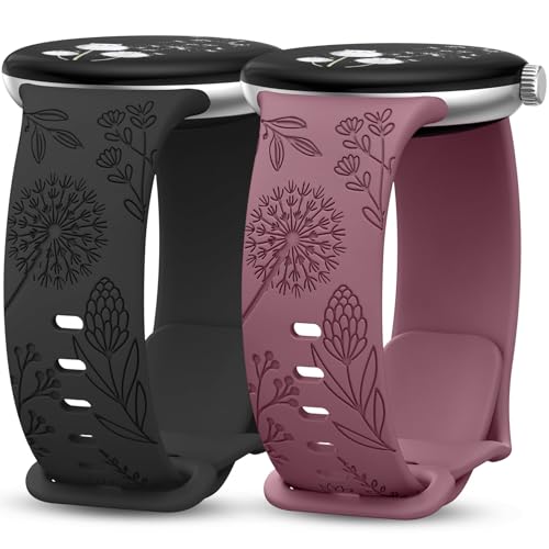 TOYOUTHS 2 Stück Floral Gravierte Armband Kompatibel mit Google Pixel Watch 3 41mm/Pixel Watch 2/Pixel Watch Damen, Weich Silikon Löwenzahn Blume Sport Armband für Pixel Watch 2, Schwarz/Rauch Violett von TOYOUTHS