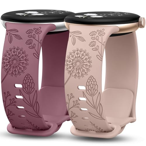 TOYOUTHS 2 Stück Floral Gravierte Armband Kompatibel mit Google Pixel Watch 3 41mm/2/1 Damen, Weich Silikon Löwenzahn Sport Armband, Milchtee/Rauch Violett von TOYOUTHS