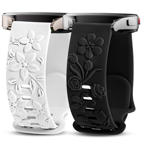 TOYOUTHS 2 Stück Floral Prägung Armband Kompatibel mit Samsung Galaxy Watch 6/5/4 40mm 44mm, Frauen 20mm Silikon Blume Gravierte Armbänder für Watch 6 Classic/Watch 5 Pro/Active 2, Schwarz/Weiß von TOYOUTHS