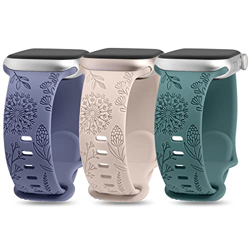 TOYOUTHS 3 Stück Löwenzahn Blumen Gravierte Armband Kompatibel mit Apple Watch Armband 45mm 44mm 42mm 49mm, Frauen Floral Silikon Sport Ersatzarmbänder für iWatch Ultra 2/Ultra/9/8/7/SE/6/5/4/3/2/1 von TOYOUTHS