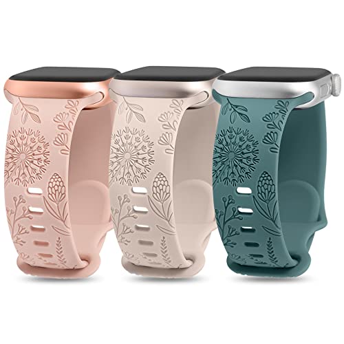 TOYOUTHS 3 Stück Löwenzahn Blumen Gravierte Armband Kompatibel mit Apple Watch Armband 45mm 44mm 42mm 49mm, Frauen Floral Silikon Sport Ersatzarmbänder für iWatch Ultra 2/Ultra/9/8/7/SE/6/5/4/3/2/1 von TOYOUTHS